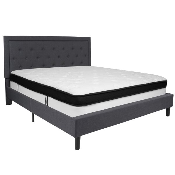 Roxbury King Size Tufted Upholstered Platform Bed in Dark Gray Fabric with Memory Foam Mattress