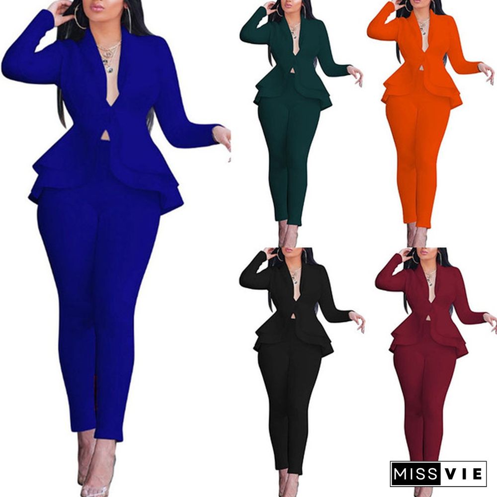 Women's Formal Work Blazer Business Suit Set Jacket Pants Ruffle Office Outfits Solid Color