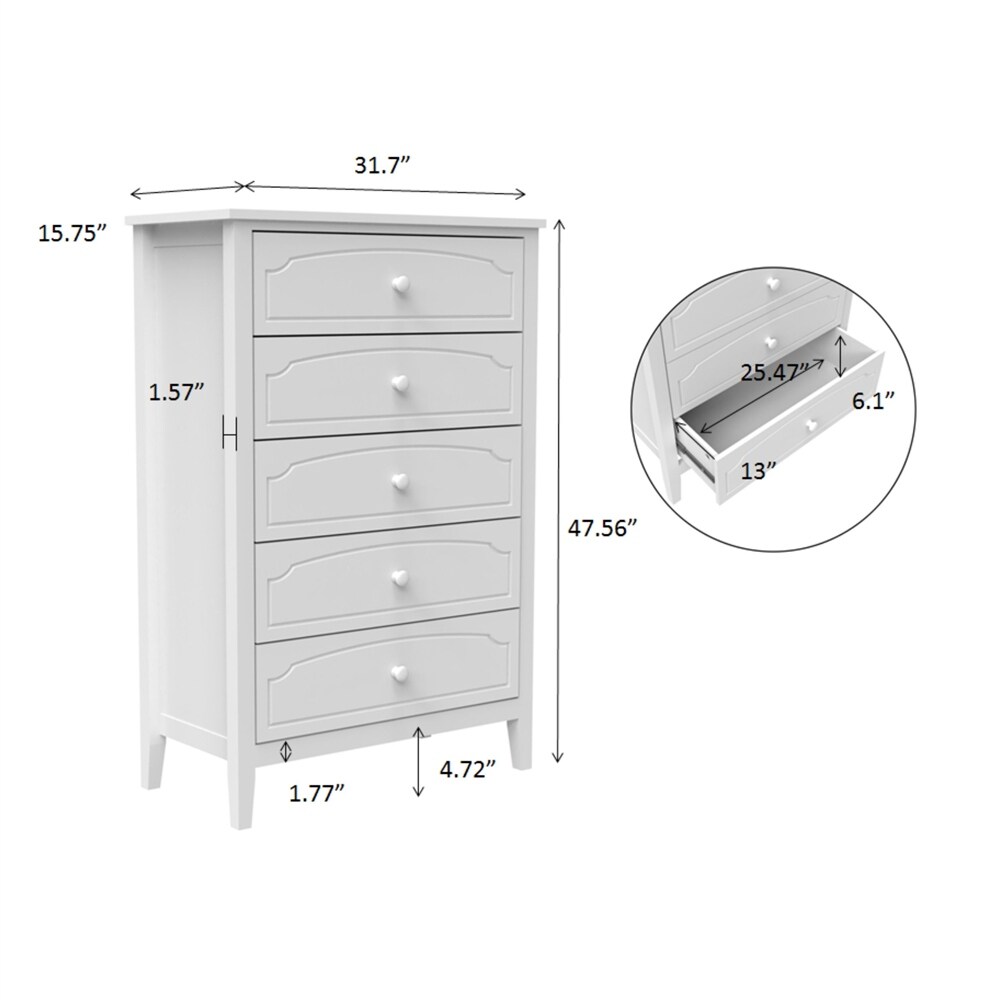 White Contemporary Roman Style Solid Wood 5 Drawers Chest