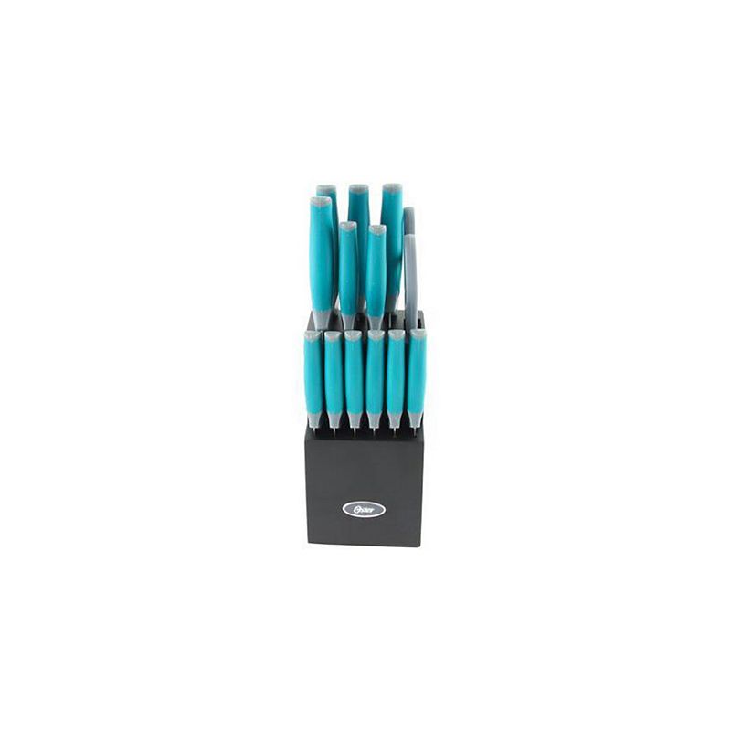 Oster Lindbergh 14 Piece Stainless Steel Cutlery Set Black Block， Teal/Black