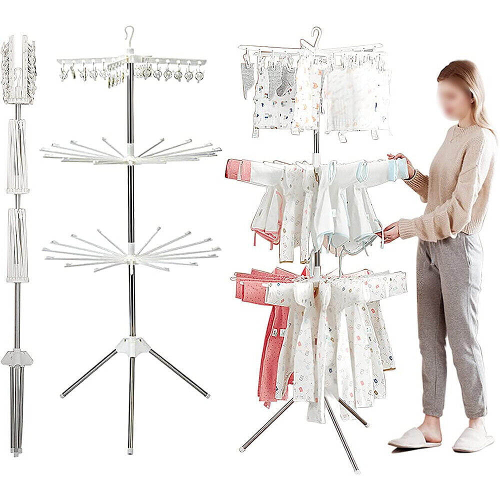 Miumaeov 3 Tier White Clothes Drying Rack 360 ° Rotatable Collapsible Stainless Laundry Dryer Hanger with Foldable Wings Garment Laundry Rack for Indoor/Outdoor 27x27x67 Inch