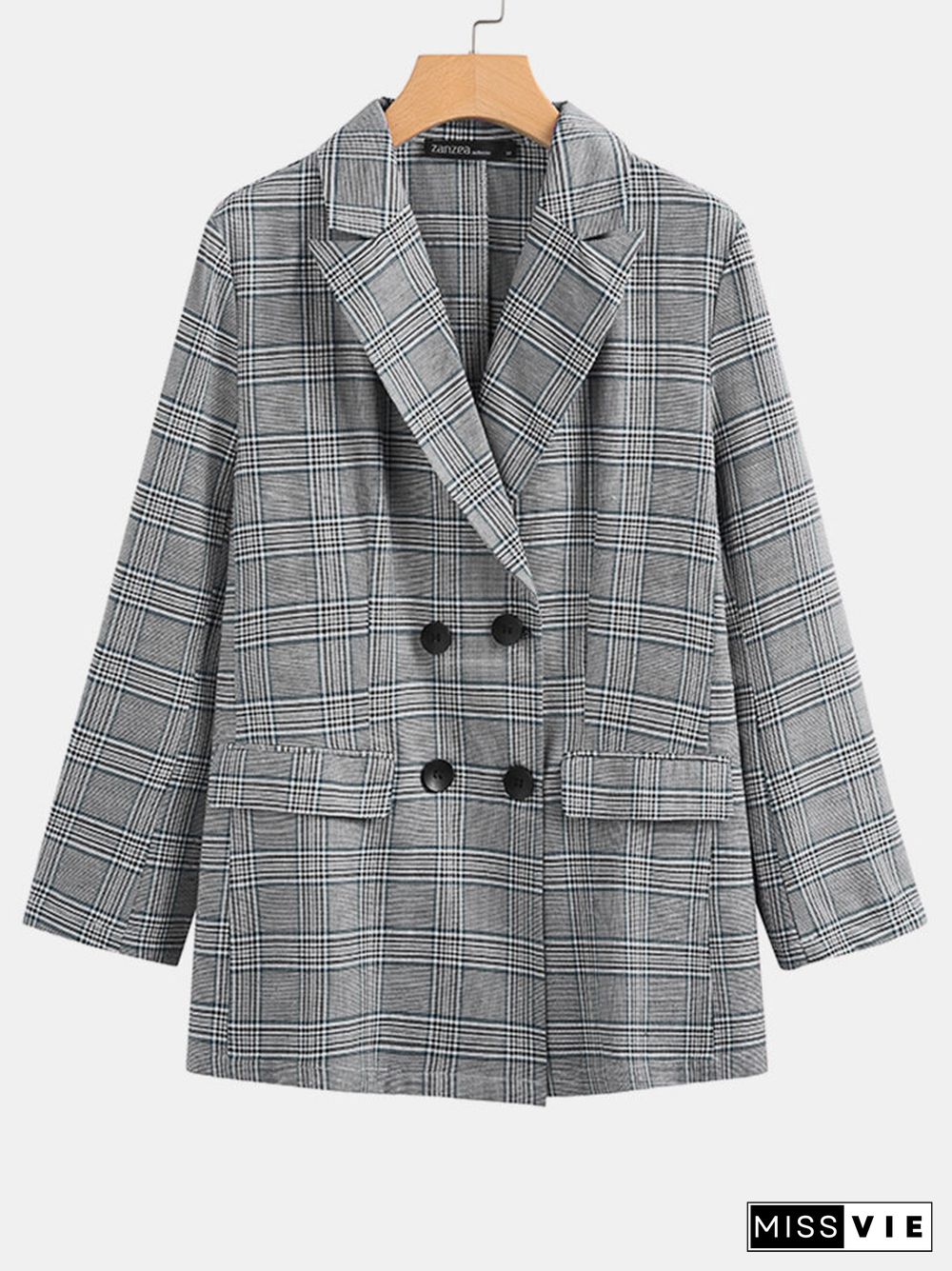 Plaid Button Pocket Long Sleeve Blazer for Women