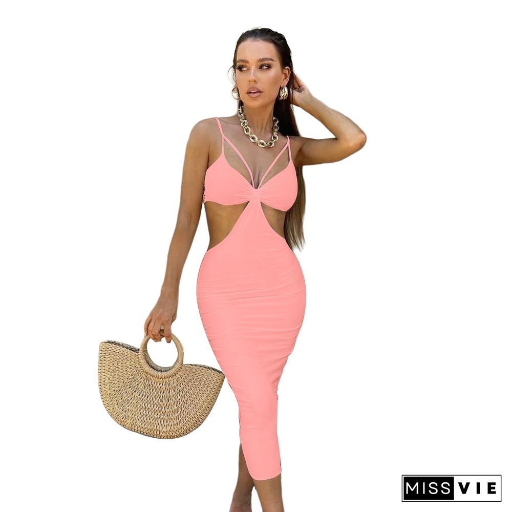 Summer Women Sexy Solid Color Spaghetti Strap V-Neck Hollow Out Backless Skinny Club Party Maxi Dress