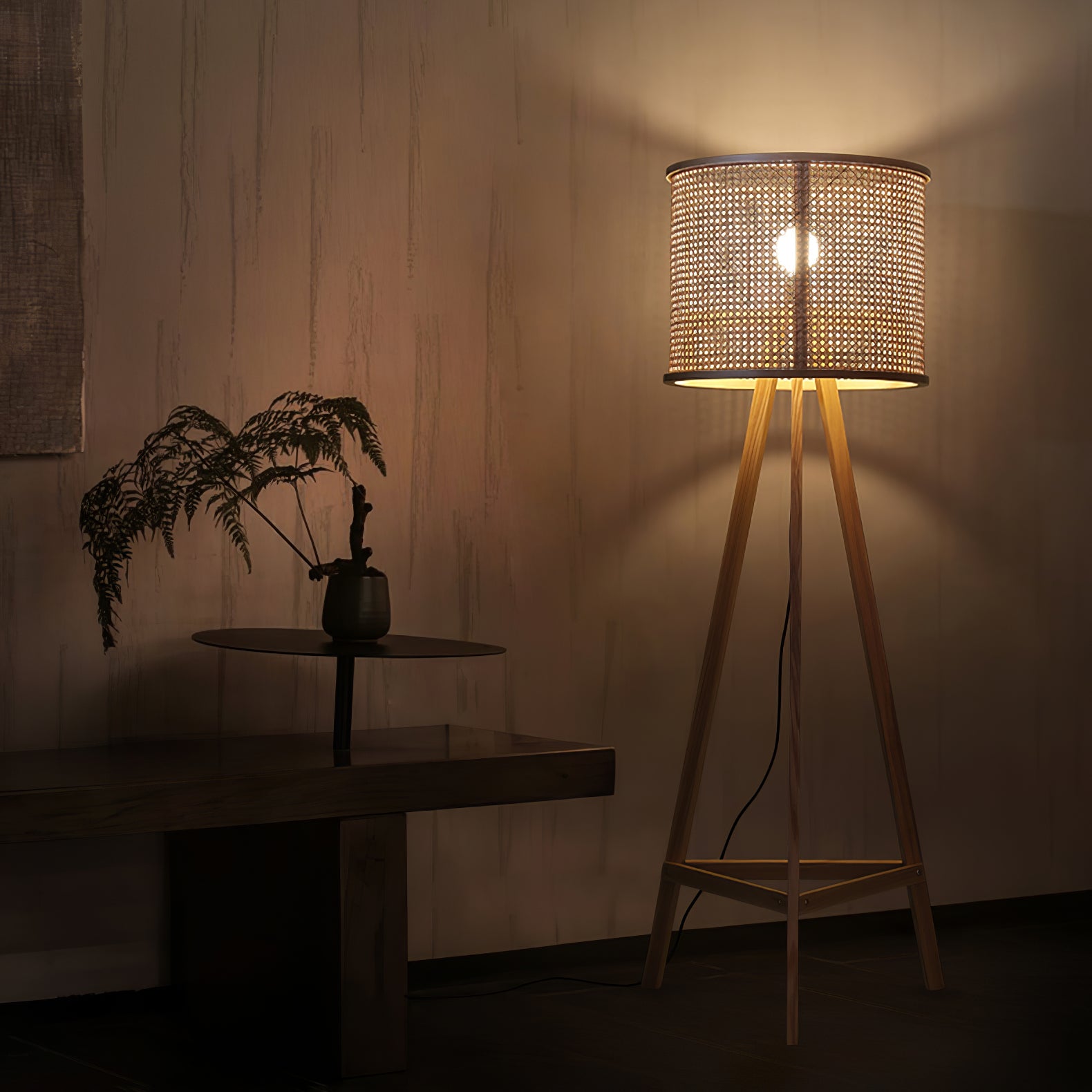 Tripod Wooden Rattan Floor Lamp