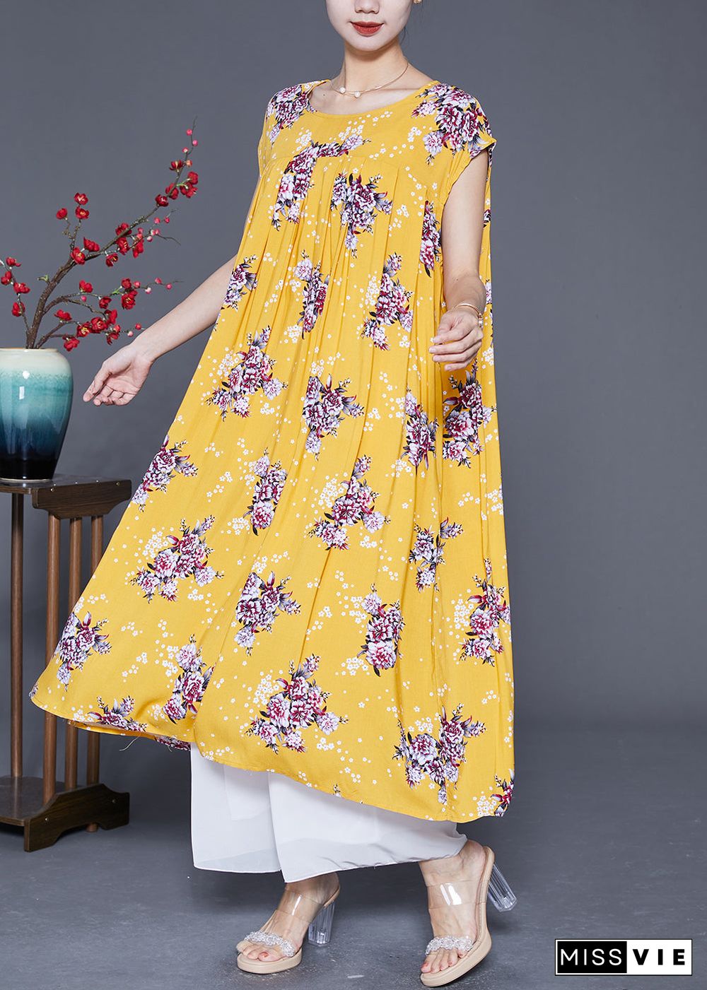 Beautiful Yellow Oversized Print Cotton Party Dress Summer