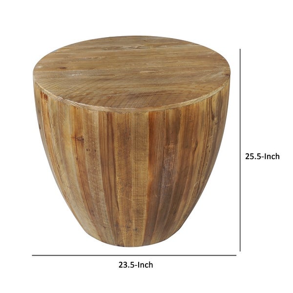 26 Inch Side End Table， Recycled Fir Wood， Round Drum Shape， Walnut Brown