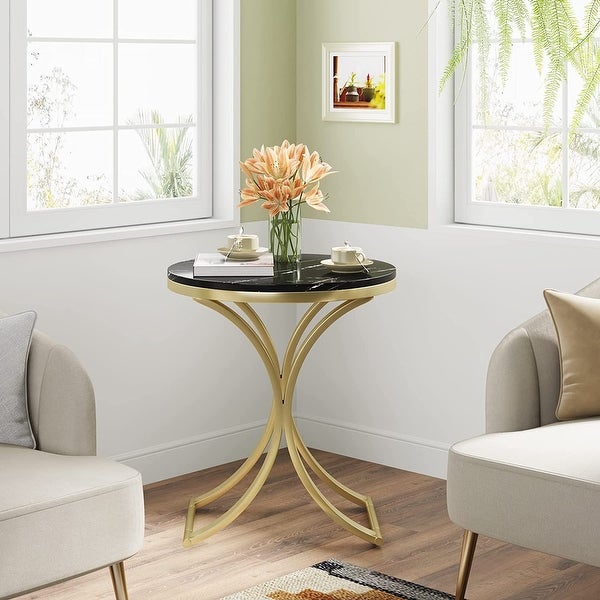 Small Modern Round Side Table End Table Nightstand with Gold Metal Frame and Faux Marble Veneer Engineered Wood for Living Room