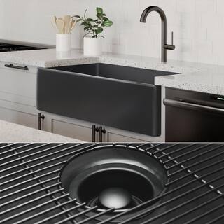 Fossil Blu Luxury Matte Black Solid Fireclay 33 in. Single Bowl Farmhouse Apron Kitchen Sink with Matte Black Accs and Flat Front WHS1022MB