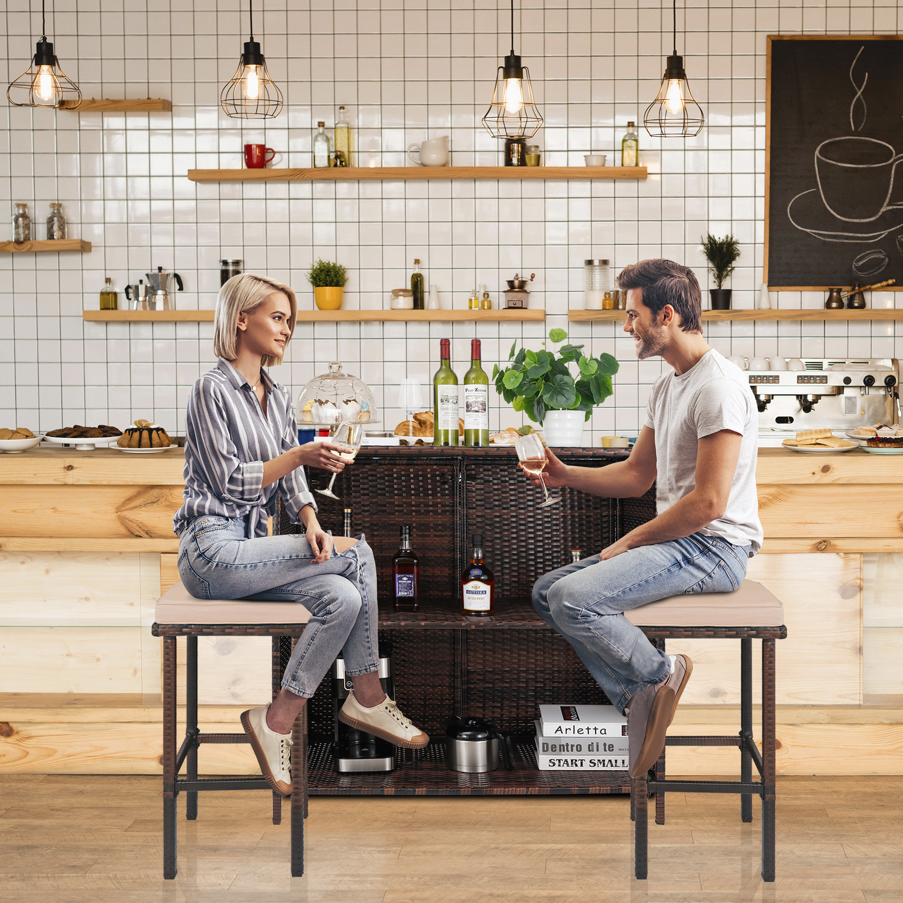 Outdoor Bar Furniture， 3 Piece Patio Bar Set， Brown Rattan Bar with Storage， 2 Brown Stool Cushions