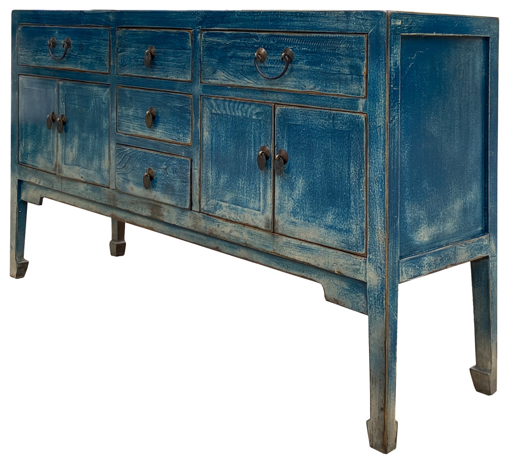 Distressed Teal Sailor Blue Tall Console Table Cabinet Credenza Hcs7479   Farmhouse   Console Tables   by Golden Lotus Antiques  Houzz