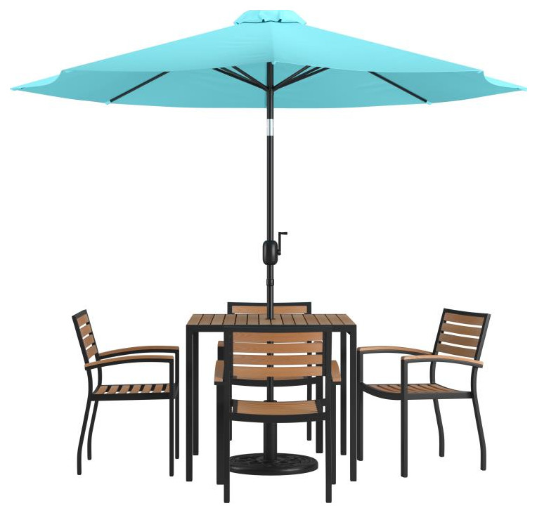 Lark 7 Pc Patio Table Set 4 Stackable Chairs 35 quotSquare Table  ampUmbrella w/Base   Transitional   Outdoor Dining Sets   by Pot Racks Plus  Houzz