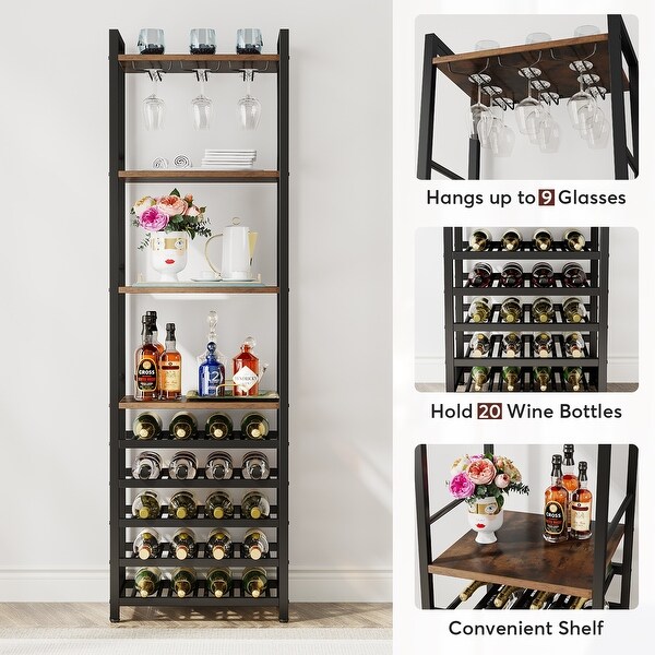 20 Bottle Freestanding Floor Wine Rack， 9 Tier Floor Liquor Cabinet with Glass Holder and Storage Shelves