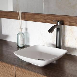 VIGO Hyacinth Modern White Matte Stone 14 in. L x 14 in. W x 4 in. H Square Vessel Bathroom Sink VG04009