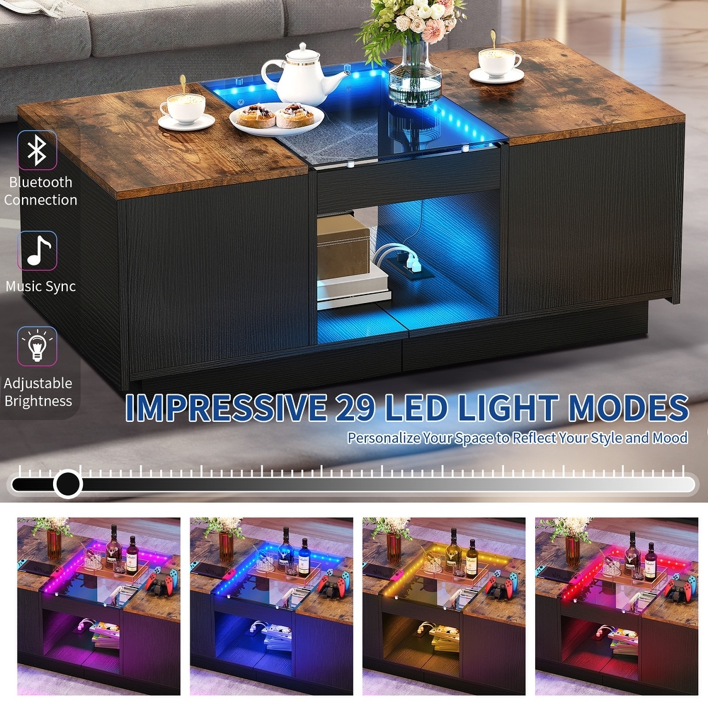 Modern Wood Coffee Table with Storage Drawers and LED Lighting