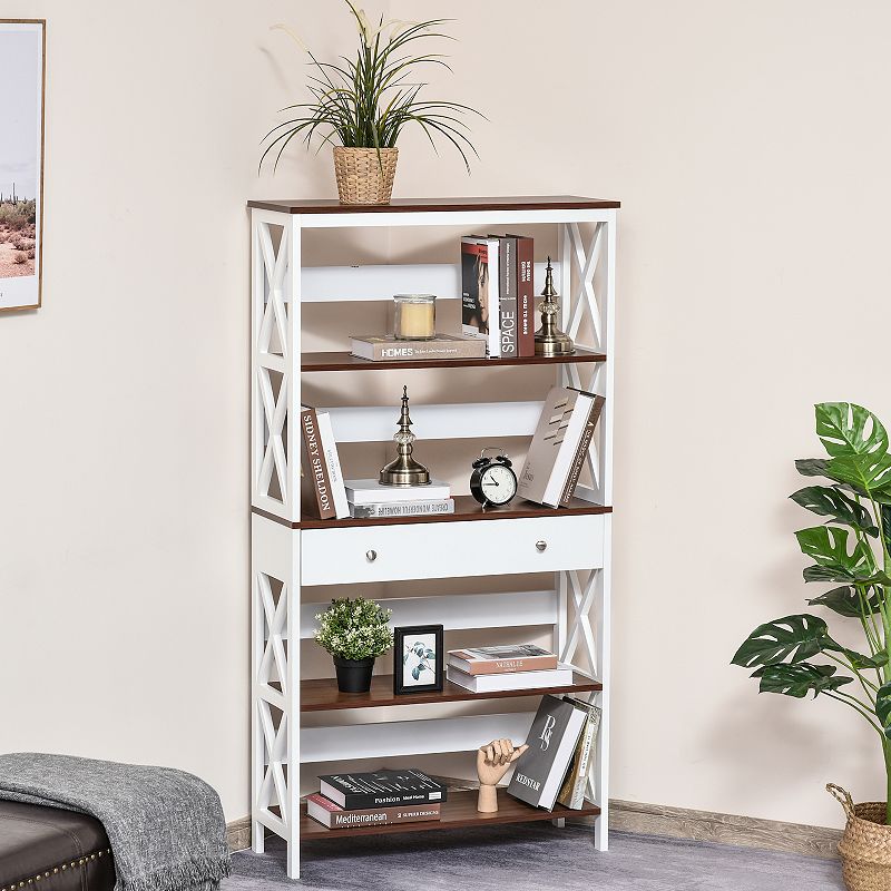 HOMCOM 4 Tier Shelving Bookcase Storage Cupboard with Pull Out Drawer and Wooden Frame with X Bar Stability White