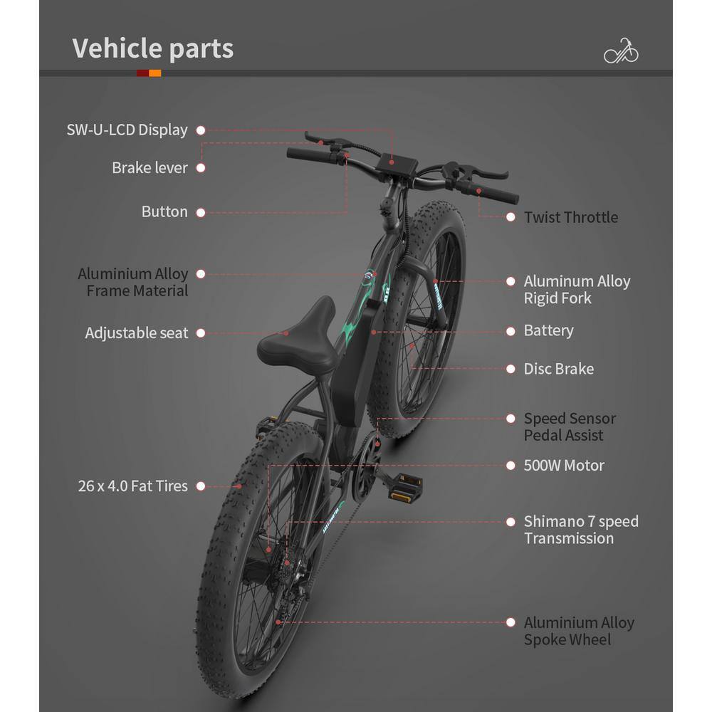 26 in. 500-Watt Electric Bike Fat Tire P7 36-Volt 12.5 mAH Removable Lithium Battery for Adults GM-H-261