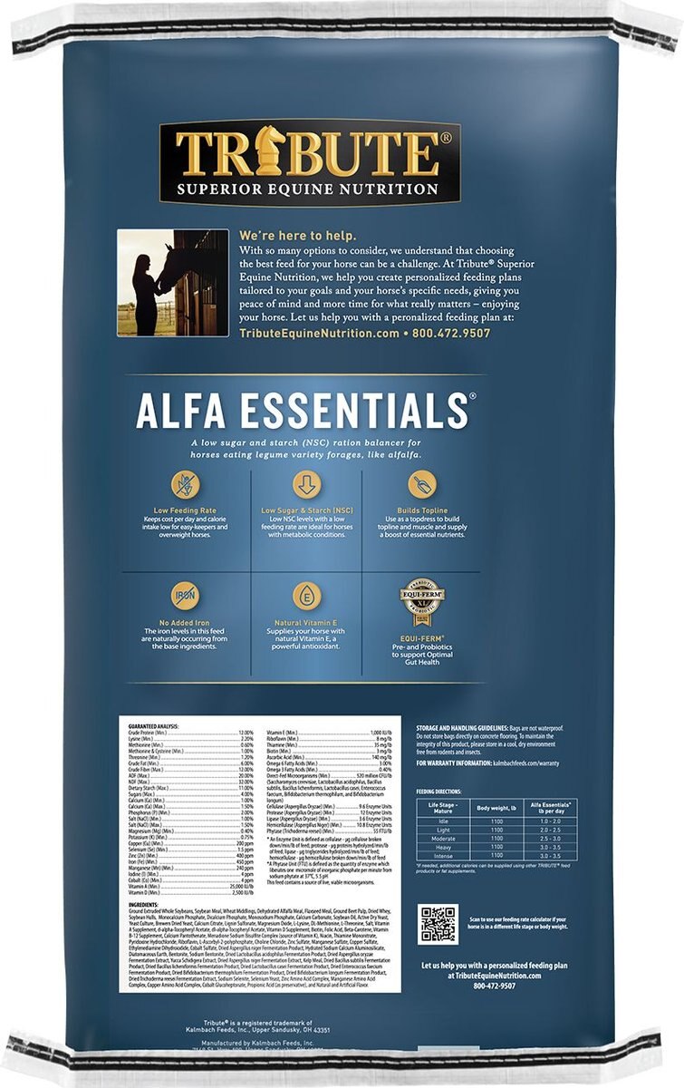 Tribute Equine Nutrition Alfa Essentials Pellets Horse Feed， 50-lb bag