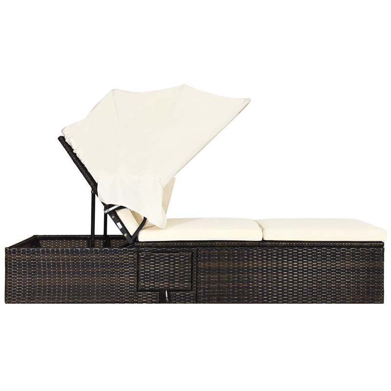 Cushioned Rattan Outdoor Chaise Lounge Chair Sun Lounger 5-Position with Folding Canopy & Flip-up Tea Table