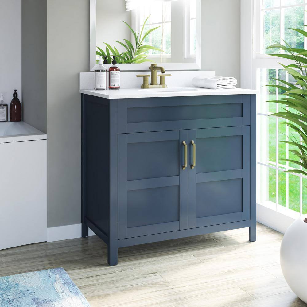 Twin Star Home 36 in. W x 20 in. D x 38 in. H Single Bath Vanity Side Cabinet in Franklin Blue with White Vanity Top with White Basin 36BV34018-F969