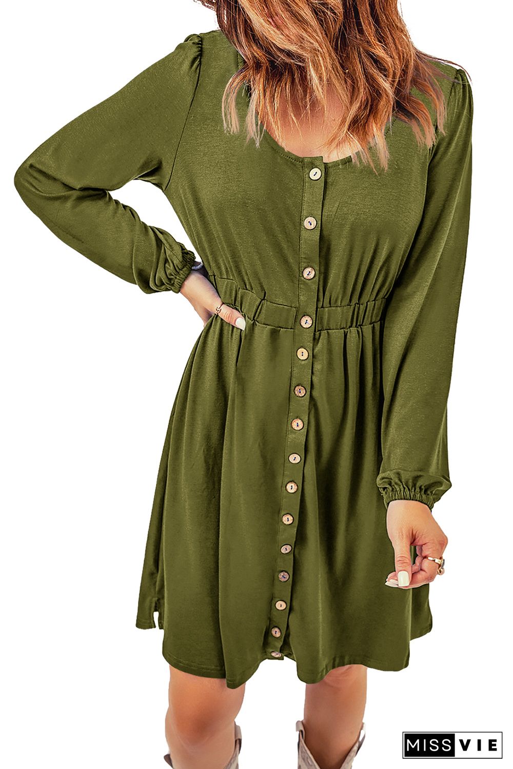 Green Button Up High Waist Long Sleeve Dress