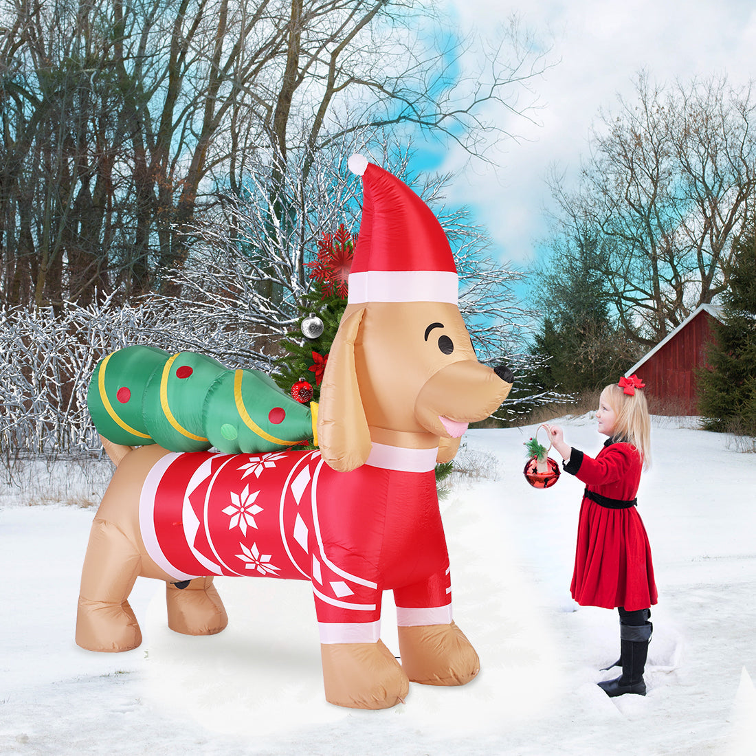 VIVOHOME 7ft Long Christmas Inflatable LED Lighted Dog with Hat and Tree, Christmas