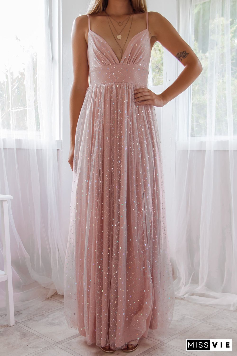 Pink Spaghetti Straps Backless Sequin Tulle Gown