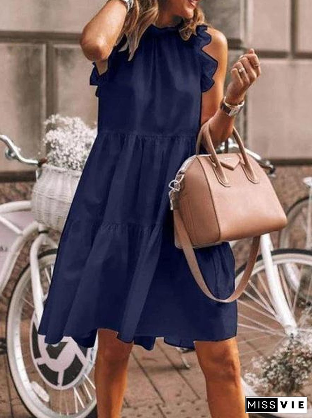 Casual Loose Sleeveless Solid Color Large Round Neck Long Dress