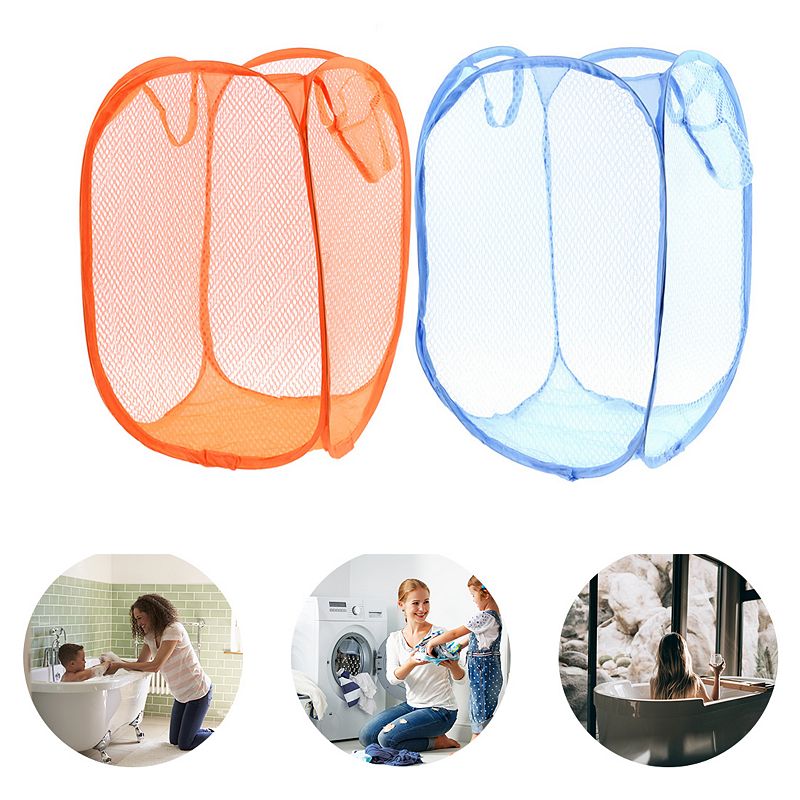 2pcs Orange Blue Folding Laundry Clothes Storage Basket Hamper w Hand Strap