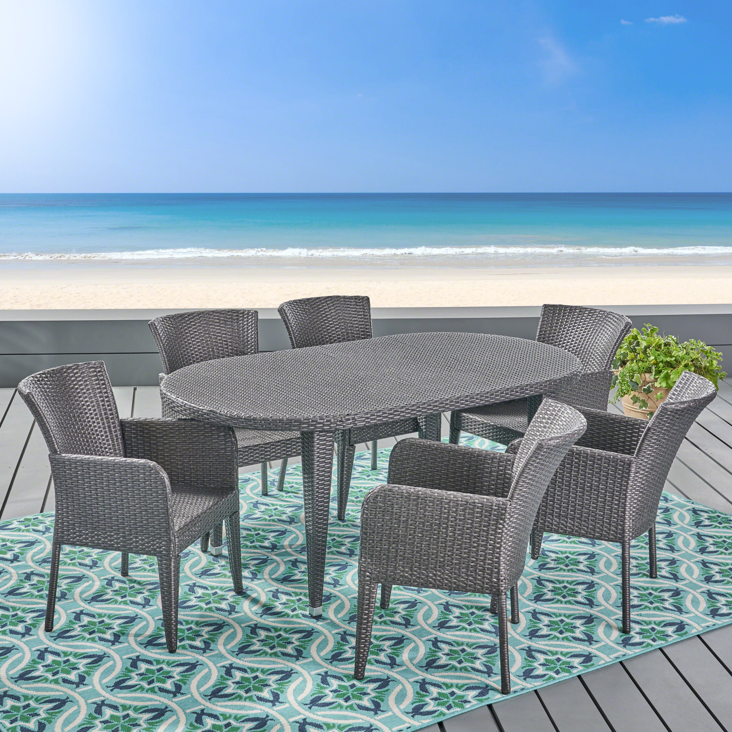 Haywood Outdoor 7 Piece Wicker Dining Set, Grey