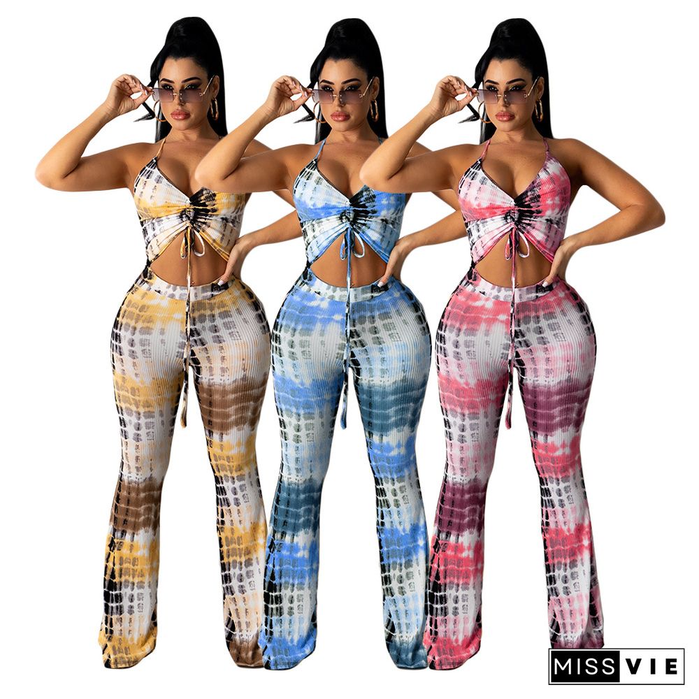 Fashion Women Tie Dye Print Tie Up Halter Camisole Crop Top Fitness Pants Streetwear Two Piece Set