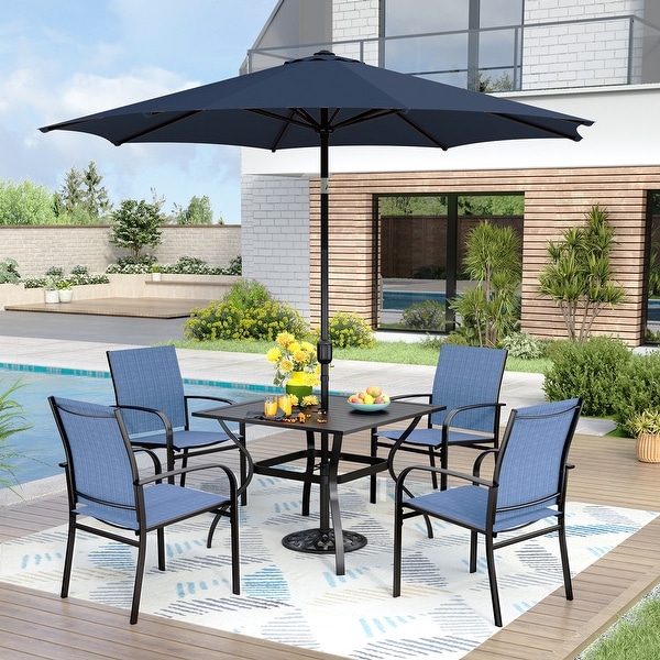 MAISON ARTS 6Piece Patio Dining Set，37 Inch Square Metal Table and 4 Textilene Dining Chairs with 9ft Patio Umbrella