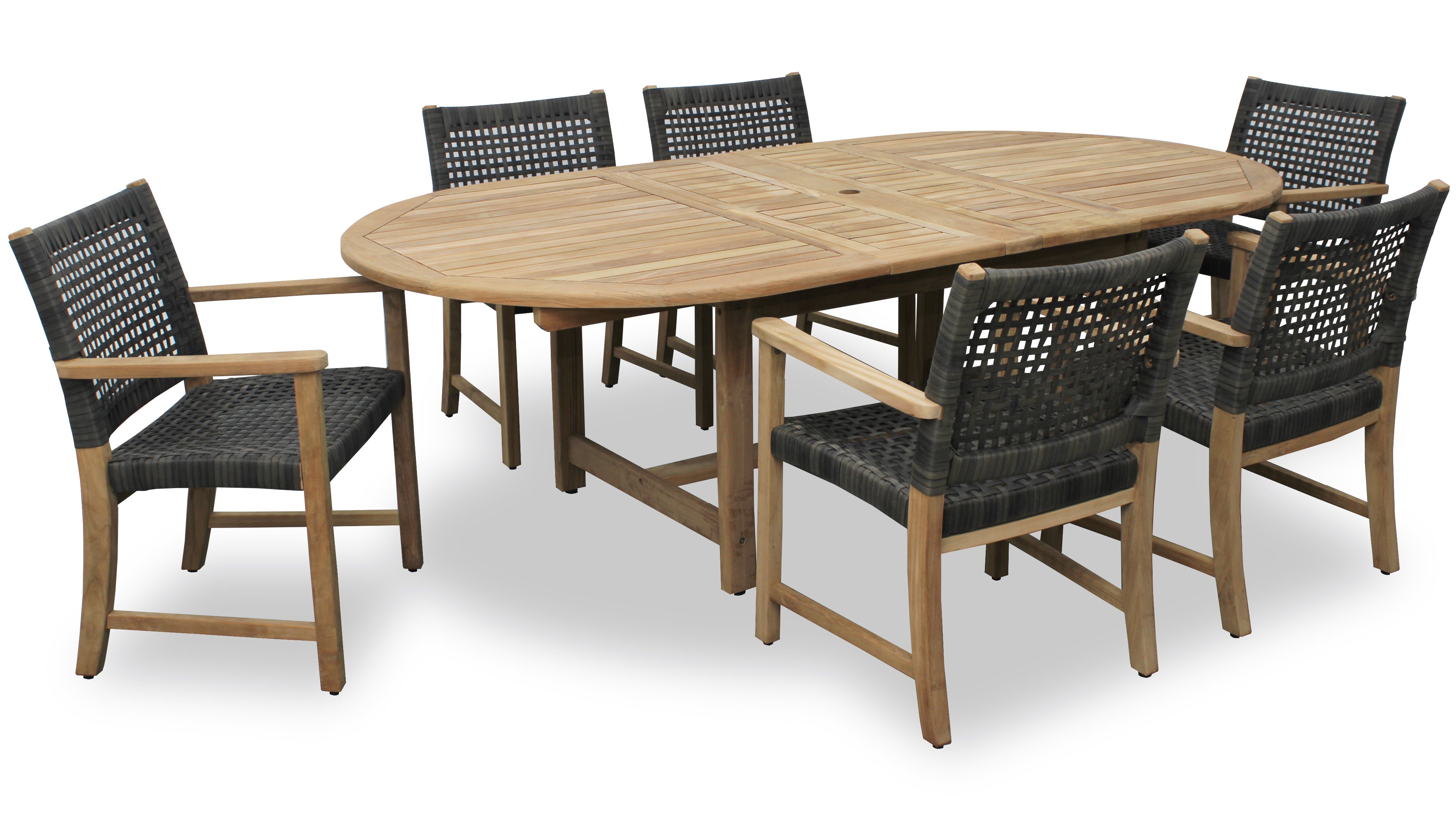 Harbour Teak Outdoor Dining Set (Teak Extendable Oval Table 71-95 with 6 Sanur Woven Armchairs)