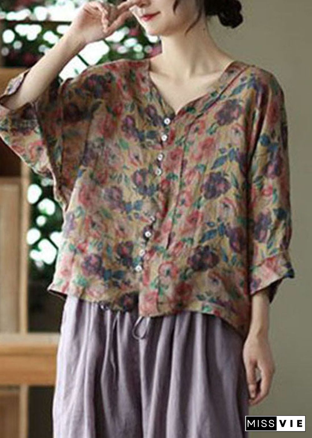 Casual Coffee V Neck Print Linen Shirt Tops Summer