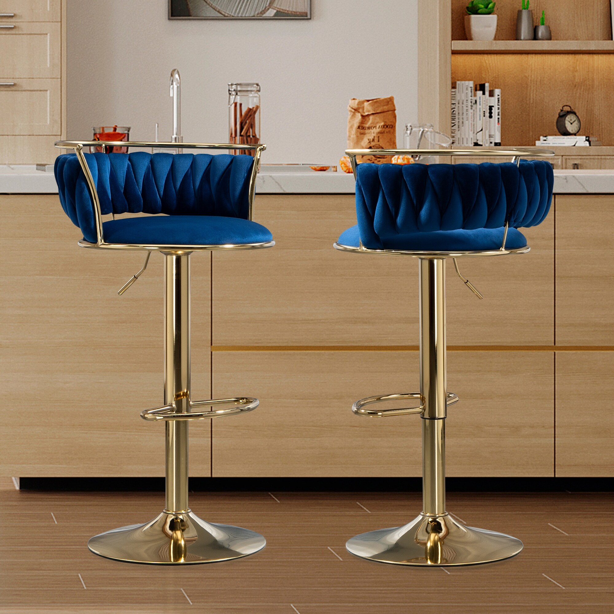 Set of 2 Bar Stool Adjustable Swivel with Gold Frame