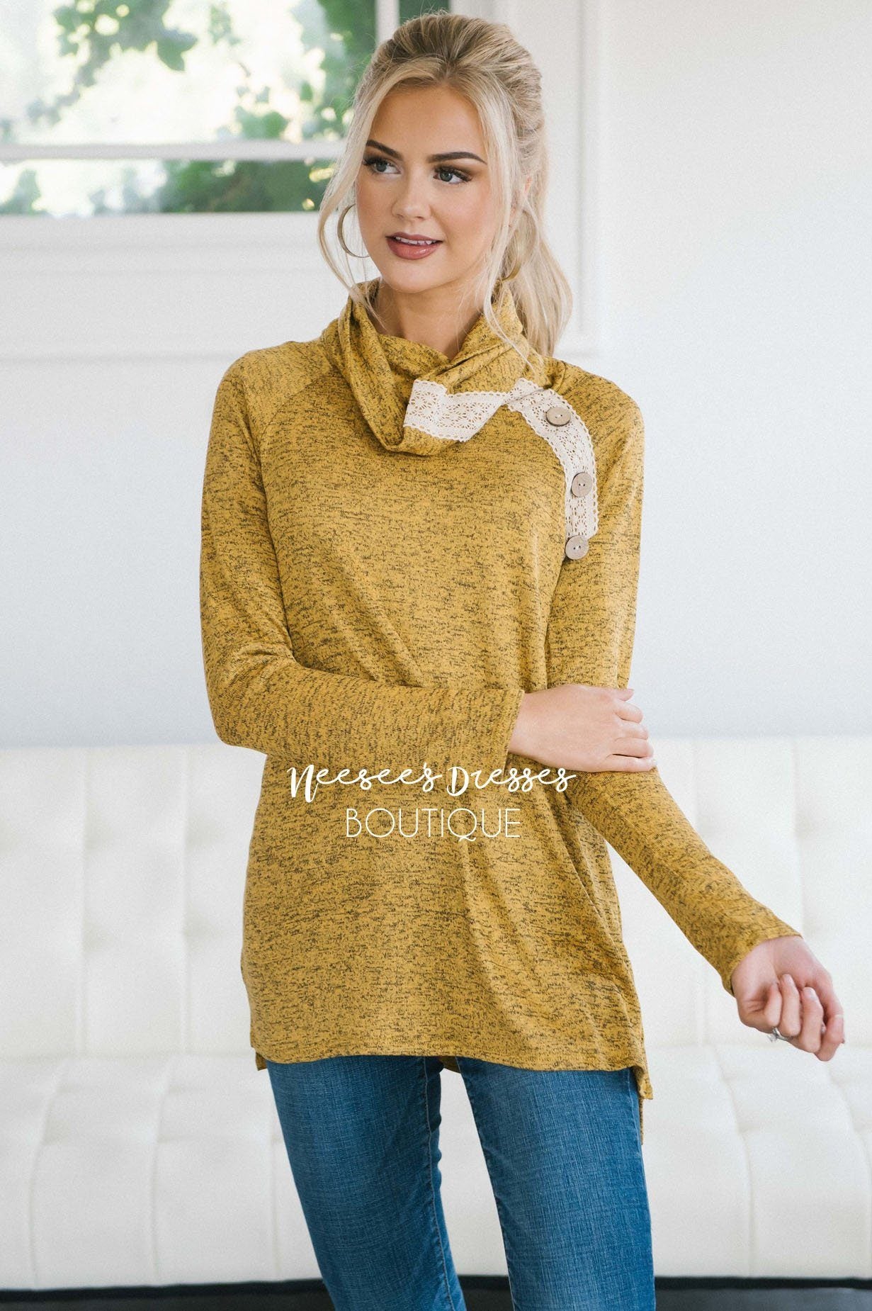 Lace & Buttons Cowl Neck Sweater