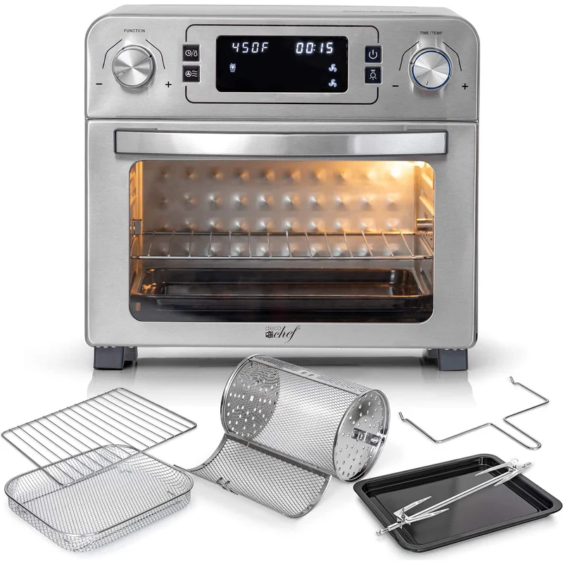 Deco Chef DGTQAIRSTS 24 QT Stainless Steel Countertop 1700 Watt Toaster Oven with Built-in Air Fryer and Included Rotisserie Assembly， Grill Rack， Frying Basket， and Baking Pan