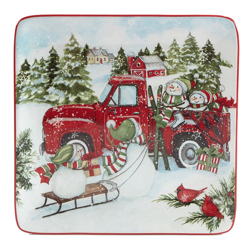 Certified International Red Truck Snowman 4-pc. Dessert Plate Set