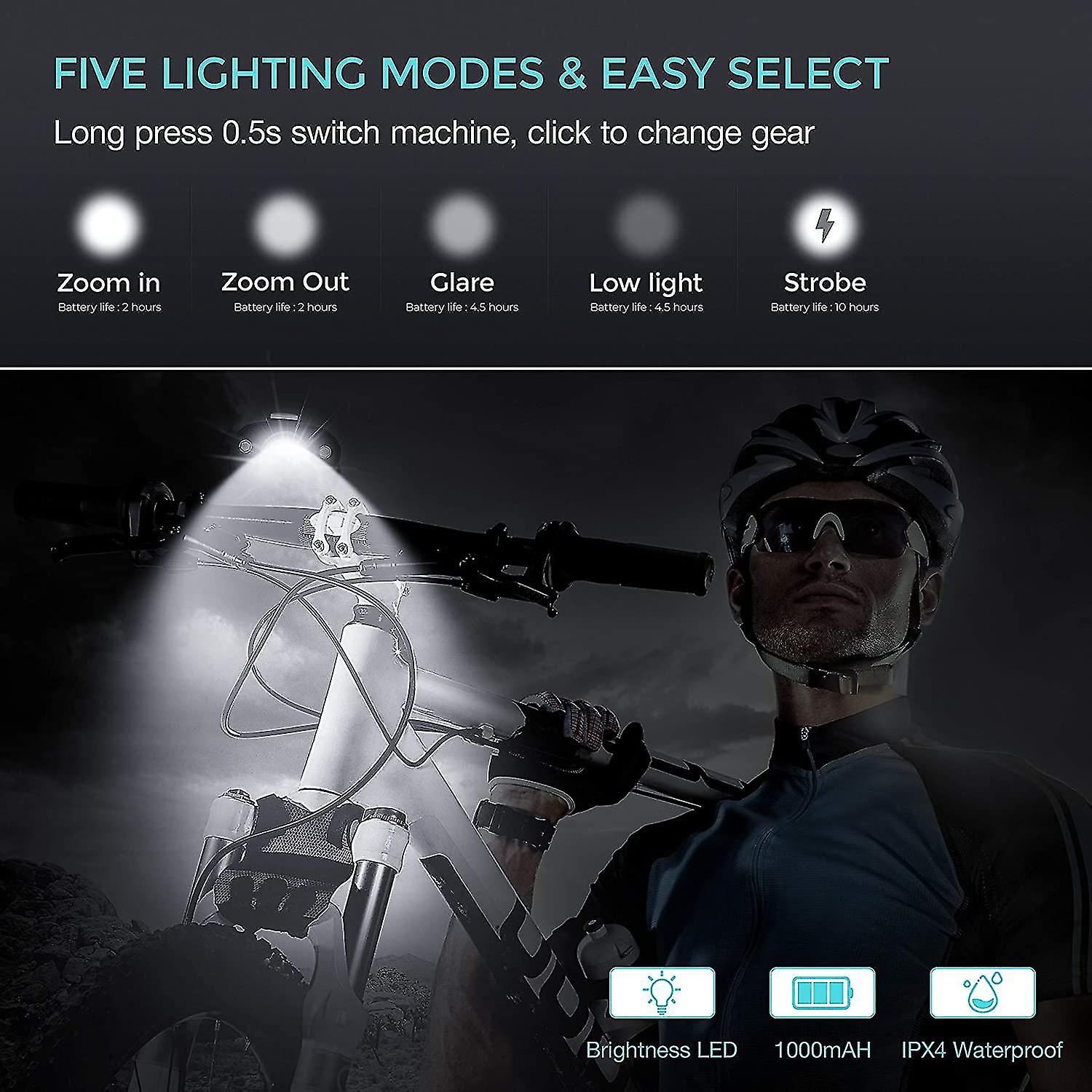 1000 Lumen Usb Rechargeable Bike Light Set， 3 Led Bike Headlamp Super Bright Headlight Ipx5 Waterproof Bicycle Safety Flashlight 360 Rotation 3-switch