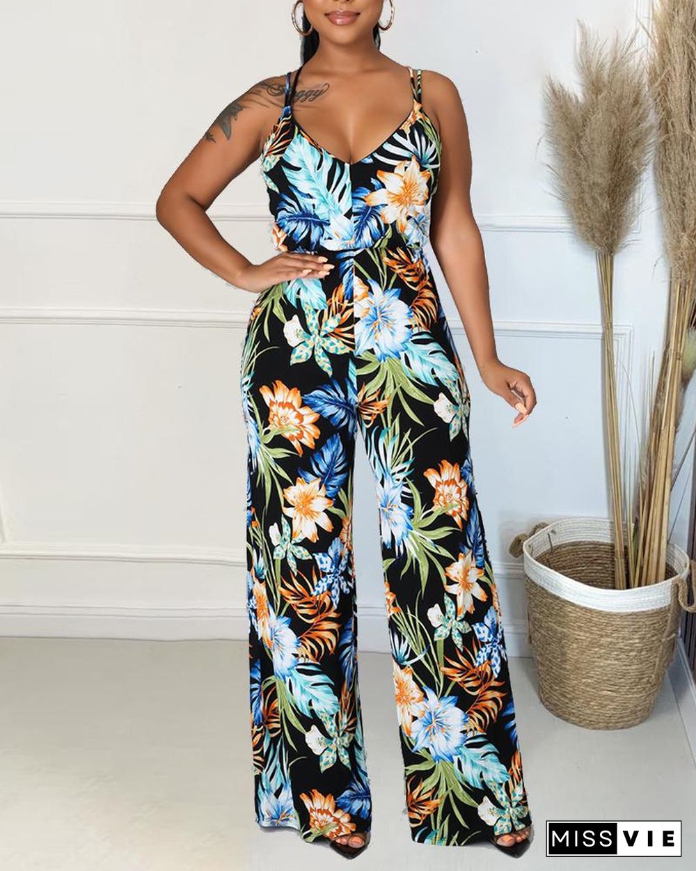 Floral Print Criss Cross Back Cami Jumpsuit