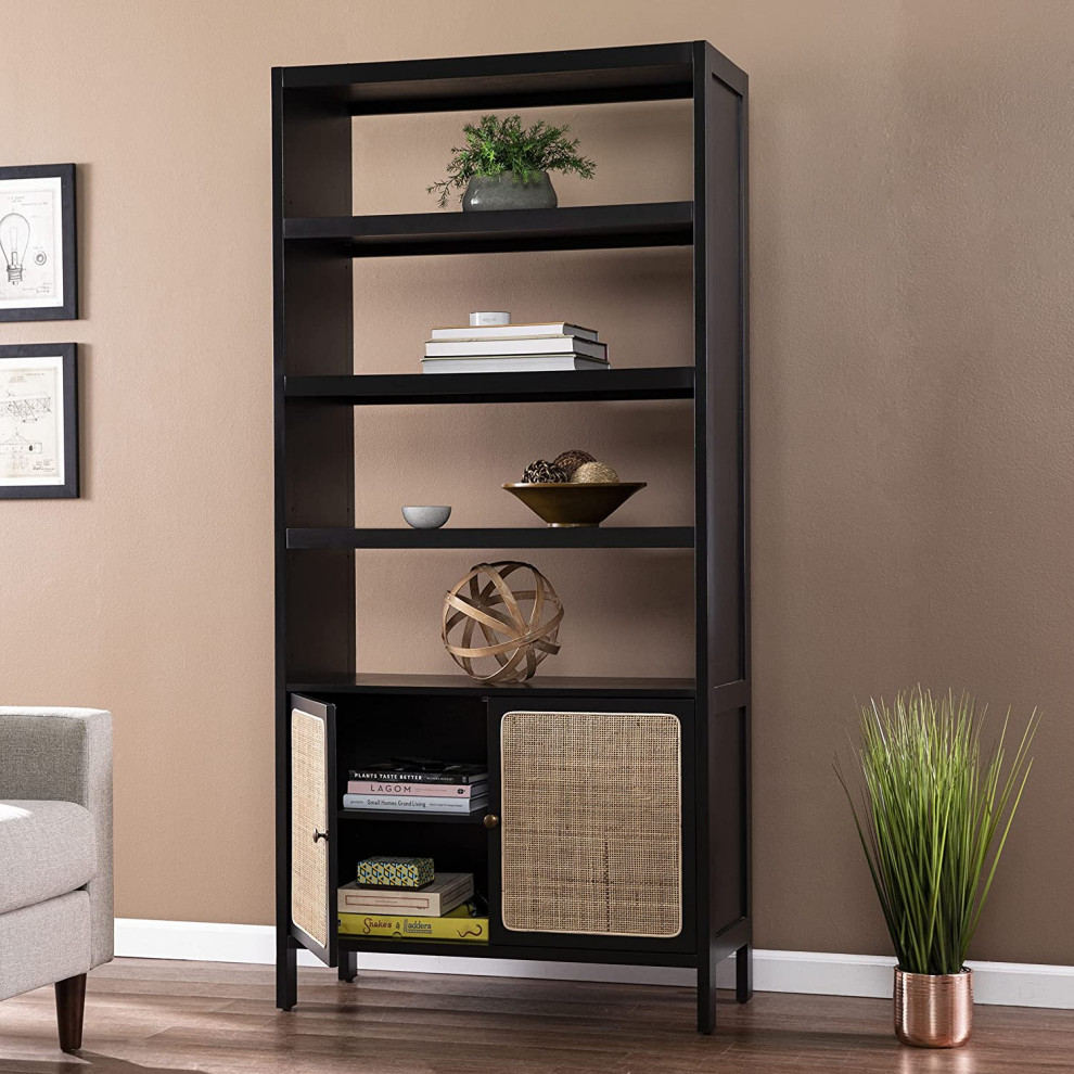 Multifunctional Bookcase  4 Open Shelves and Cabinet With Rattan Doors  Black   Contemporary   Bookcases   by Decorn  Houzz