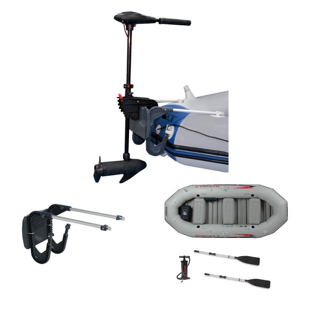 Intex 12 Volt 8 Speed Trolling Motor Mount Kit and 4-Person Boat and Oars Set 68631E + 68624EP + 68376EP