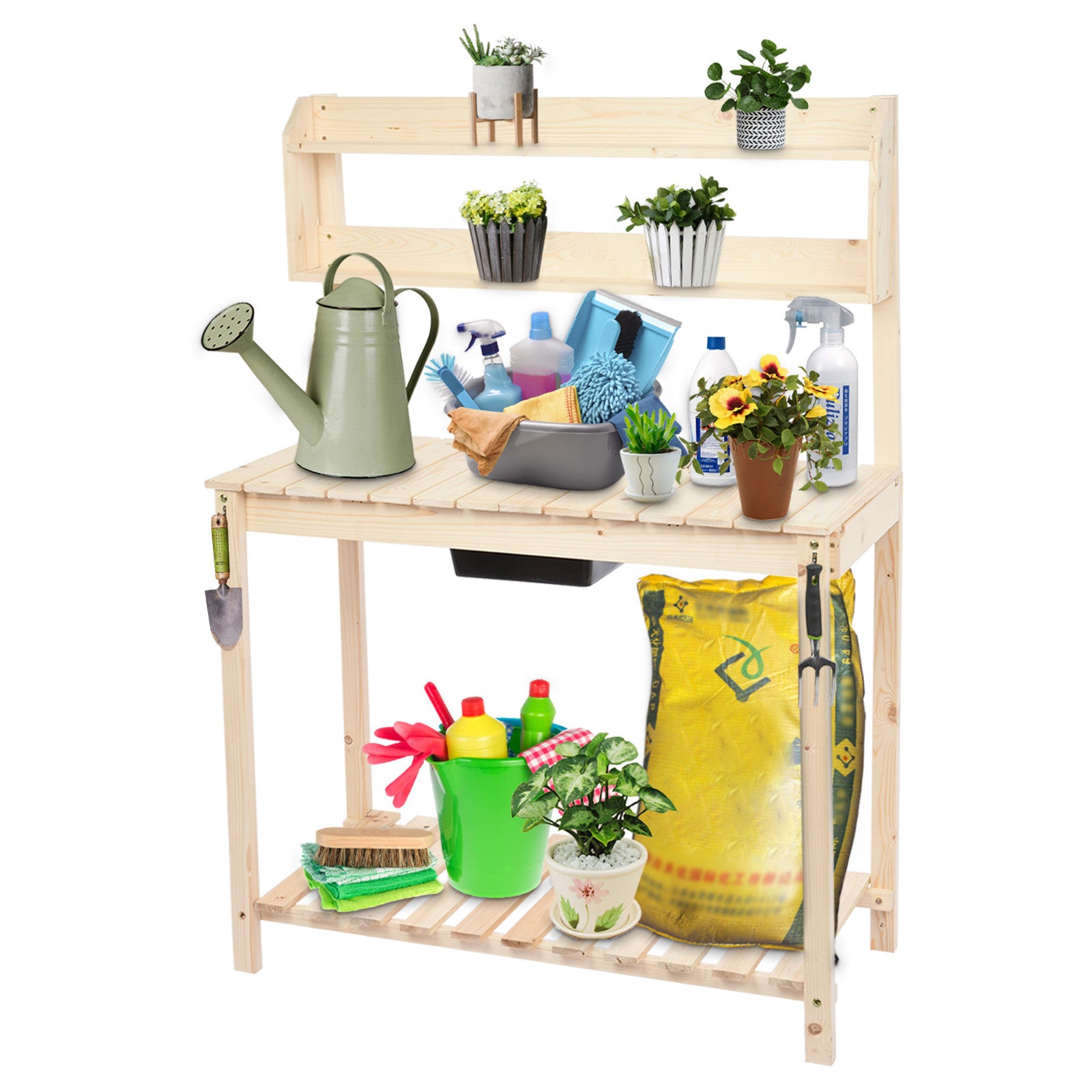 MIARHB Outdoor Garden Potted Workbench With Sliding Table Top And Natural Storage Shelf