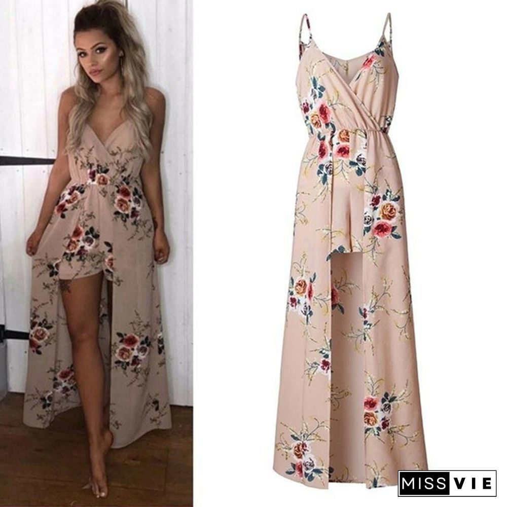 Boho Style Women Vintage Floral V-Neck Sling Maxi Dress With Shorts