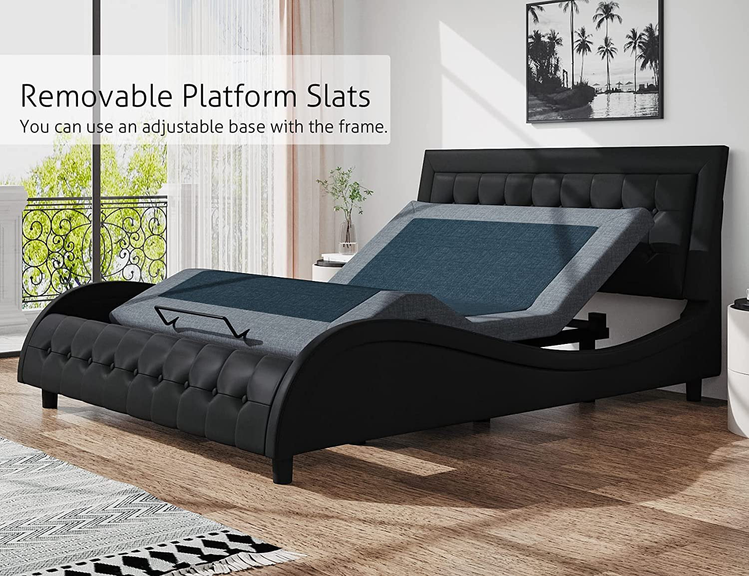 SHA CERLIN Queen Size Low Profile Upholstered Platform Bed Frame with Button Tufted Adjustable Headboard, Wave-Like Shape, Black