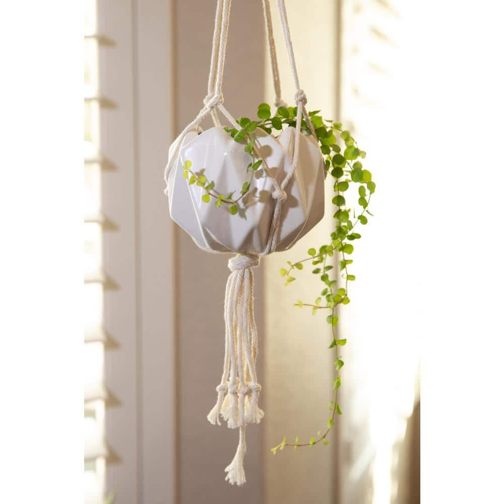 Flora Bunda 5 in. Matte White Ceramic Macrame Hanging Planter EM1882E-MTWH