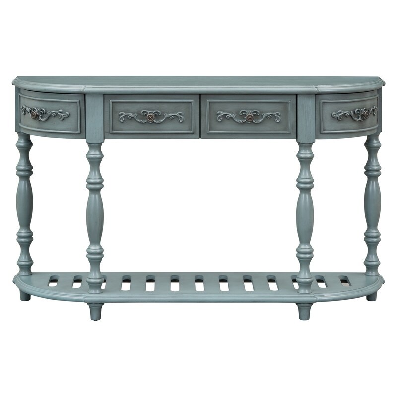 52'' Contemporary Curved Console Table with 4 Drawers  Modern Sofa Table with 1 Shelf for Living Room  Antique Blue