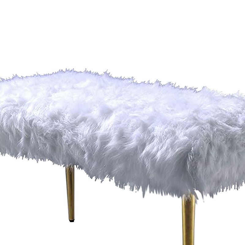 Modern Style Faux Fur Upholstered Metal Bench with Tapered Legs， White and Gold