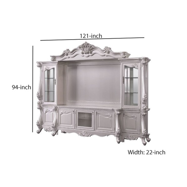 Entertainment Center with Scrolled Crown Top and Queen Anne Feet， Silver