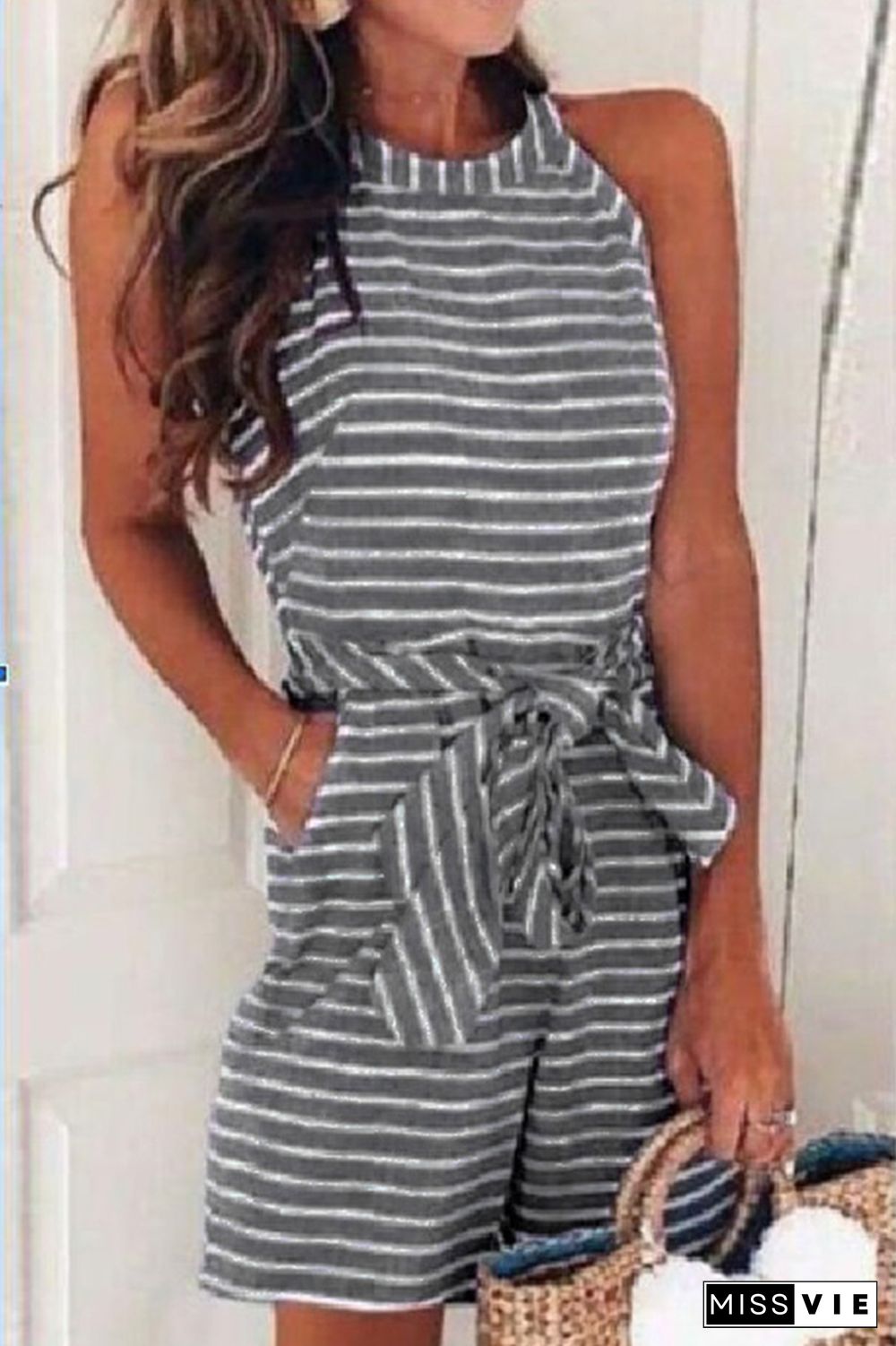 Striped O-Neck Tie Skinny Jumpsuit