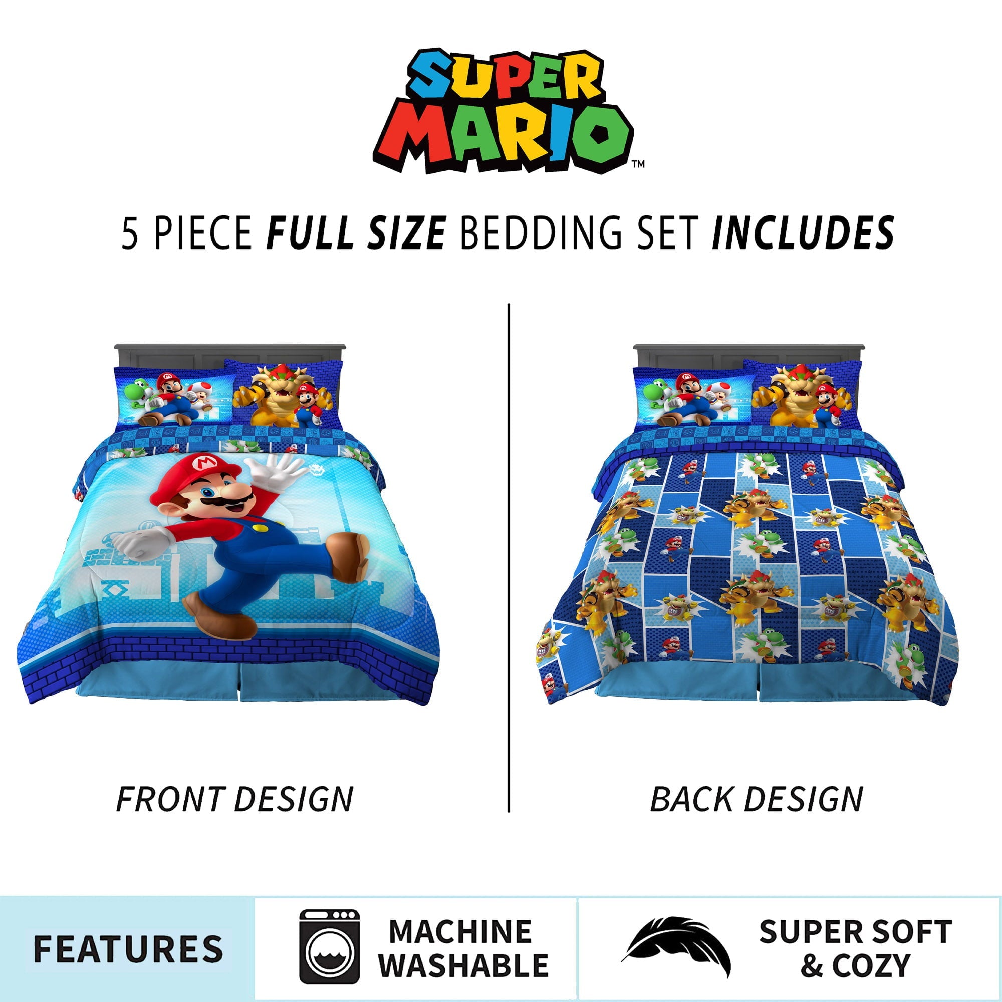 Super Mario Kids Full Bed in a Bag, Gaming Bedding, Comforter and Sheets, Blue, 